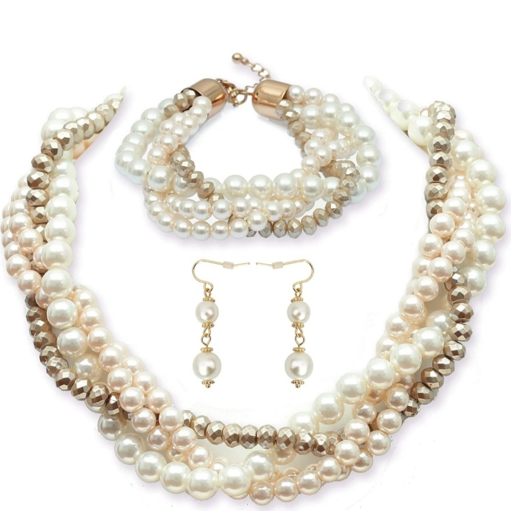 NEW Layered Twisted Gold Faux Pearl Choker Chunky Necklace Earrings Bracelet Set
